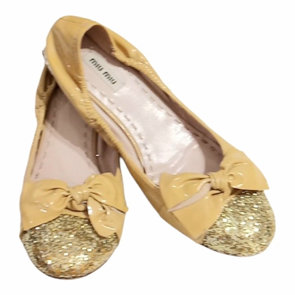 Miu Miu Bow Ballet Flats Nude Patent Leather Gold Glitter Cap Toe EU 40 US 9 - Picture 5 of 14